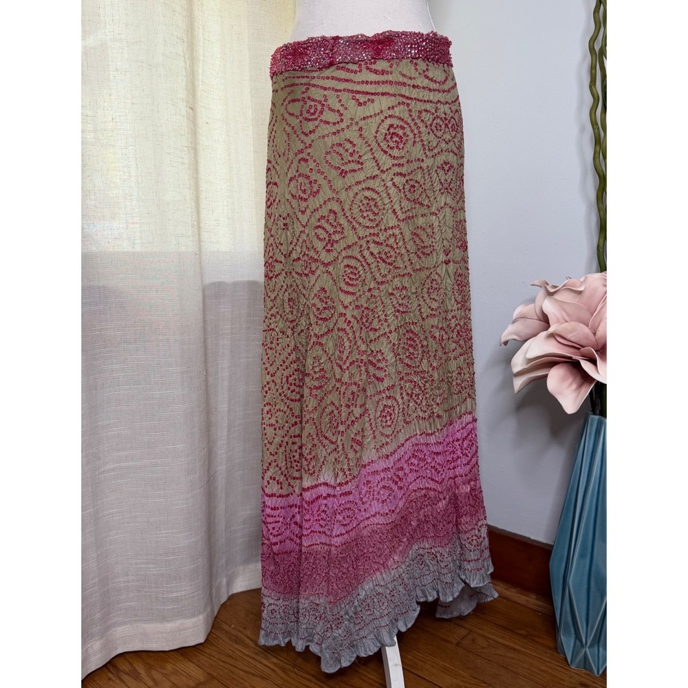 Vintage Funky People Maxi Skirt Silk Bandhani Crinkle Beaded Sequin Size Medium - Picture 2 of 12